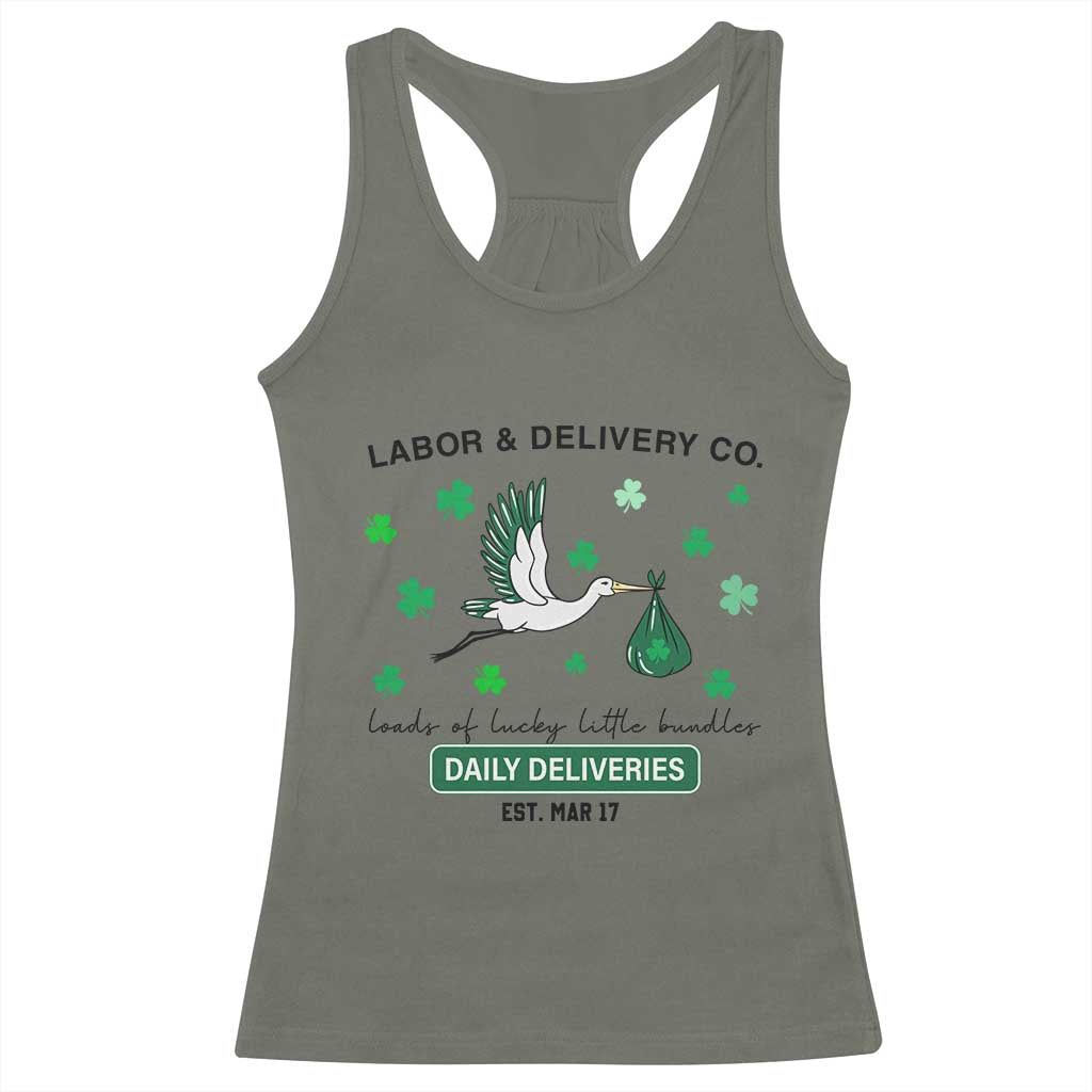 St Patrick's Day Lucky L&D Nurse Racerback Tank Top Labor And Delivery Shamrock TS02 Military Green Print Your Wear