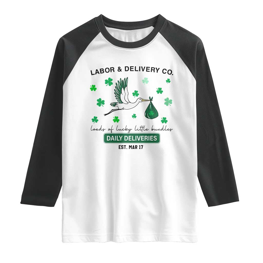 St Patrick's Day Lucky L&D Nurse Raglan Shirt Labor And Delivery Shamrock TS02 White Black Print Your Wear