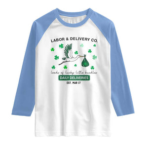 St Patrick's Day Lucky L&D Nurse Raglan Shirt Labor And Delivery Shamrock TS02 White Carolina Blue Print Your Wear
