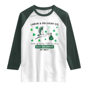 St Patrick's Day Lucky L&D Nurse Raglan Shirt Labor And Delivery Shamrock TS02 White Dark Forest Green Print Your Wear