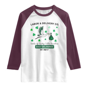 St Patrick's Day Lucky L&D Nurse Raglan Shirt Labor And Delivery Shamrock TS02 White Maroon Print Your Wear