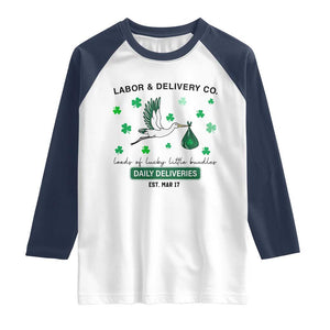 St Patrick's Day Lucky L&D Nurse Raglan Shirt Labor And Delivery Shamrock TS02 White Navy Print Your Wear