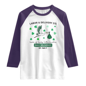 St Patrick's Day Lucky L&D Nurse Raglan Shirt Labor And Delivery Shamrock TS02 White Purple Print Your Wear