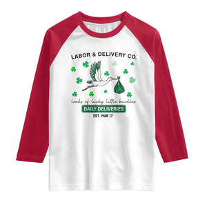St Patrick's Day Lucky L&D Nurse Raglan Shirt Labor And Delivery Shamrock TS02 White Red Print Your Wear