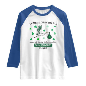 St Patrick's Day Lucky L&D Nurse Raglan Shirt Labor And Delivery Shamrock TS02 White Royal Print Your Wear