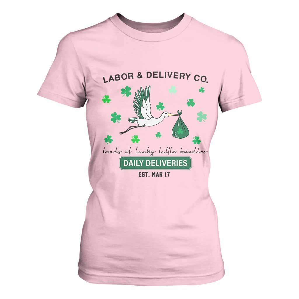 St Patrick's Day Lucky L&D Nurse T Shirt For Women Labor And Delivery Shamrock TS02 Light Pink Print Your Wear
