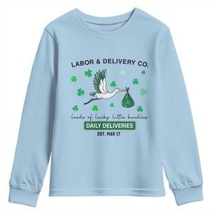 St Patrick's Day Lucky L&D Nurse Youth Sweatshirt Labor And Delivery Shamrock TS02 Light Blue Print Your Wear