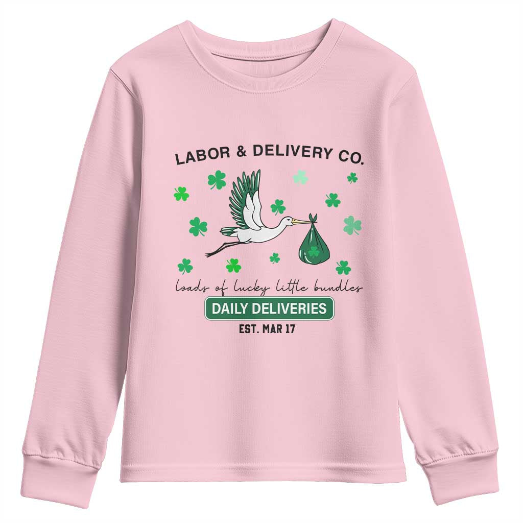 St Patrick's Day Lucky L&D Nurse Youth Sweatshirt Labor And Delivery Shamrock TS02 Light Pink Print Your Wear