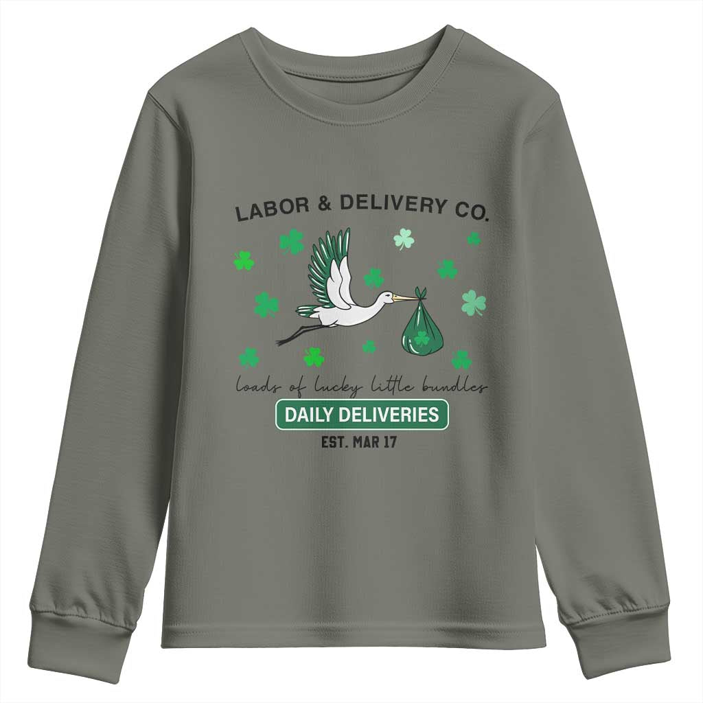 St Patrick's Day Lucky L&D Nurse Youth Sweatshirt Labor And Delivery Shamrock TS02 Military Green Print Your Wear