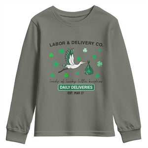 St Patrick's Day Lucky L&D Nurse Youth Sweatshirt Labor And Delivery Shamrock TS02 Military Green Print Your Wear
