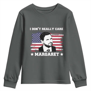 Funny JD Vance Youth Sweatshirt I Don't Really Care Margaret American Flag TS02 Dark Heather Print Your Wear