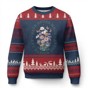 Hate Never Made Any Nation Great Ugly Christmas Sweater Botanical Floral Butterflies Retro TS02 Navy Red Print Your Wear