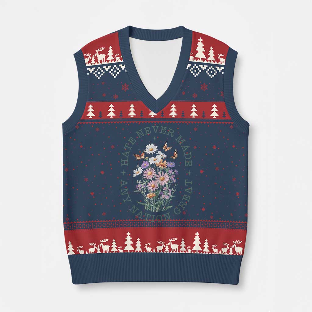 Hate Never Made Any Nation Great V-Neck Knit Sweater Vest Botanical Floral Butterflies Retro TS02 Navy Red Print Your Wear