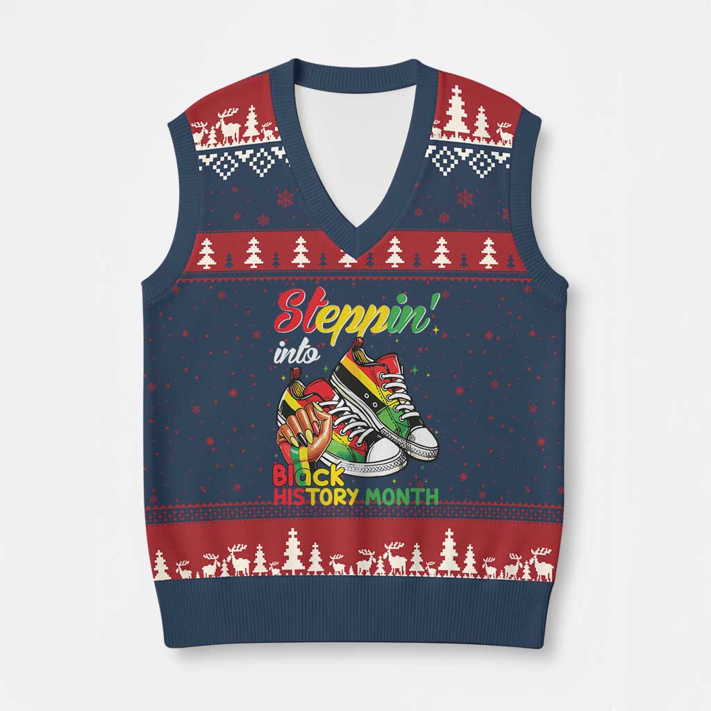 Stepping Into Black History Month V-Neck Knit Sweater Vest Black Girls Sneakers TS02 Navy Red Print Your Wear