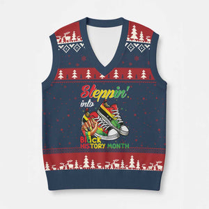 Stepping Into Black History Month V-Neck Knit Sweater Vest Black Girls Sneakers TS02 Navy Red Print Your Wear