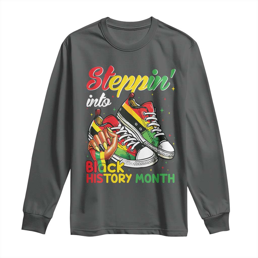 Stepping Into Black History Month Long Sleeve Shirt Black Girls Sneakers TS02 Dark Heather Print Your Wear