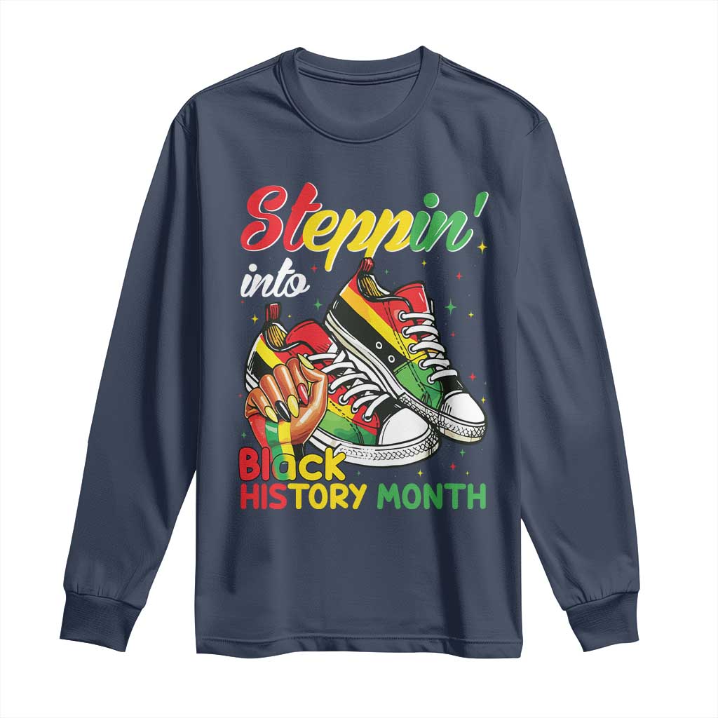 Stepping Into Black History Month Long Sleeve Shirt Black Girls Sneakers TS02 Navy Print Your Wear