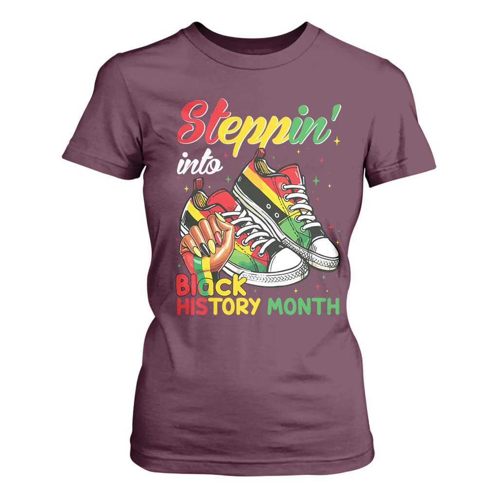 Stepping Into Black History Month T Shirt For Women Black Girls Sneakers TS02 Maroon Print Your Wear