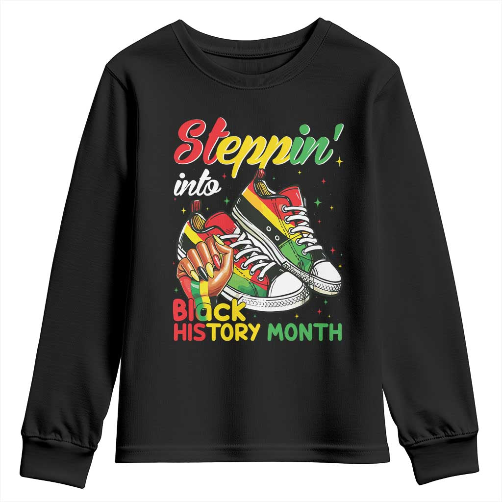 Stepping Into Black History Month Youth Sweatshirt Black Girls Sneakers TS02 Black Print Your Wear