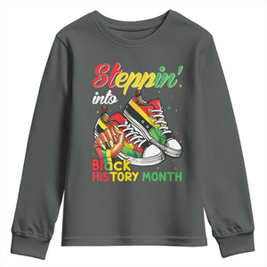 Stepping Into Black History Month Youth Sweatshirt Black Girls Sneakers TS02 Dark Heather Print Your Wear