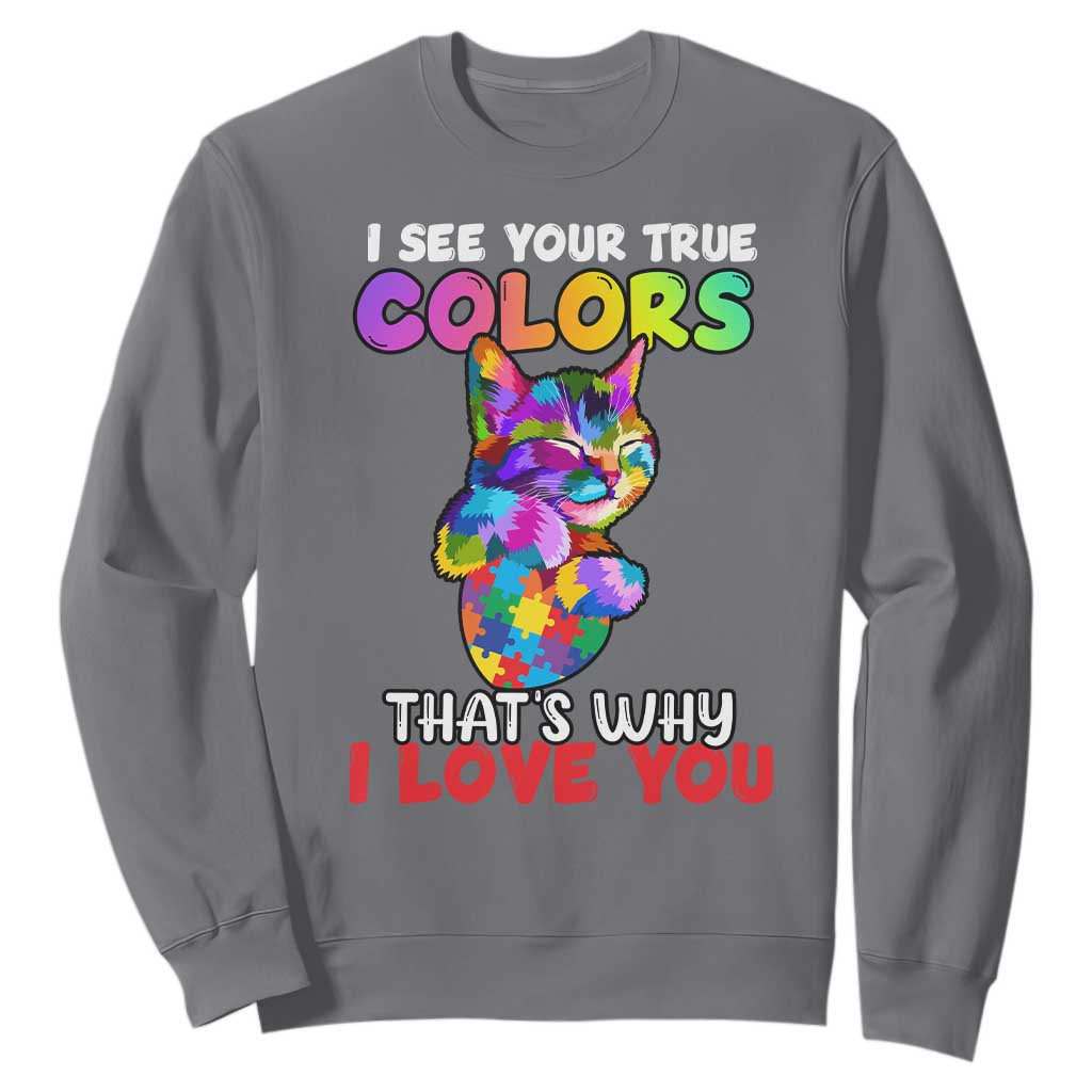 Autism Cat Sweatshirt I See Your True Colors Embrace Heart Autism Acceptance TS02 Charcoal Printyourwear