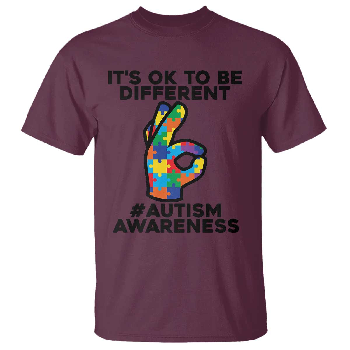 Autism Awareness T Shirt It's Ok To Be Different Acceptance Spectrum Puzzle Piece TS02 Maroon Printyourwear