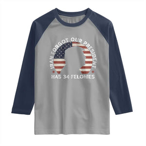 Iran Forgot Our President Has 34 Felonies Raglan Shirt Funny Political Satire Patriotic TS02 Sport Gray Navy Print Your Wear