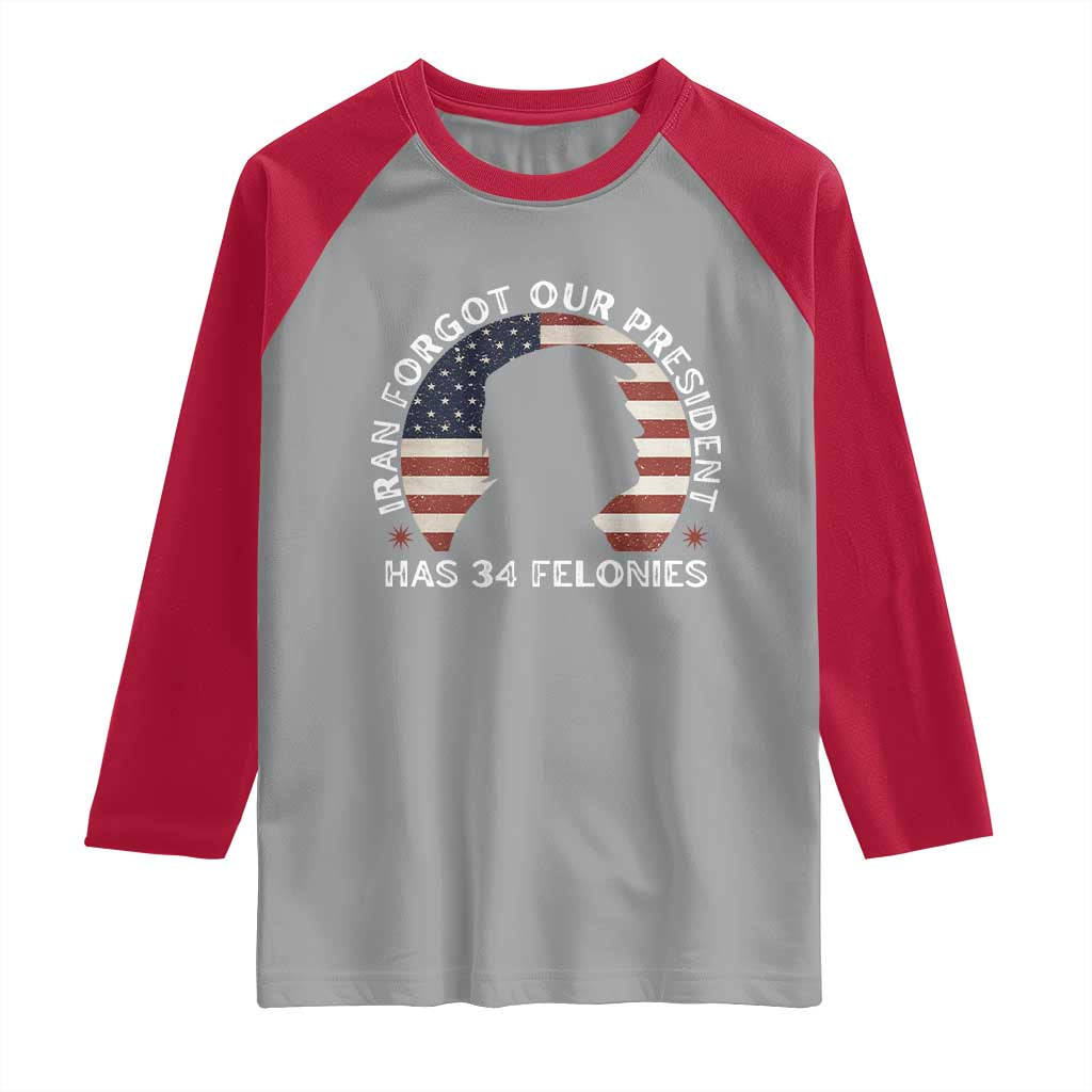 Iran Forgot Our President Has 34 Felonies Raglan Shirt Funny Political Satire Patriotic TS02 Sport Gray Red Print Your Wear