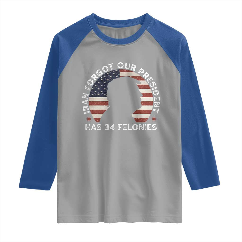 Iran Forgot Our President Has 34 Felonies Raglan Shirt Funny Political Satire Patriotic TS02 Sport Gray Royal Print Your Wear