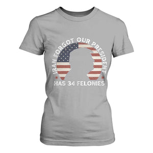 Iran Forgot Our President Has 34 Felonies T Shirt For Women - Funny Political Satire Patriotic TS02 Sport Gray Print Your Wear