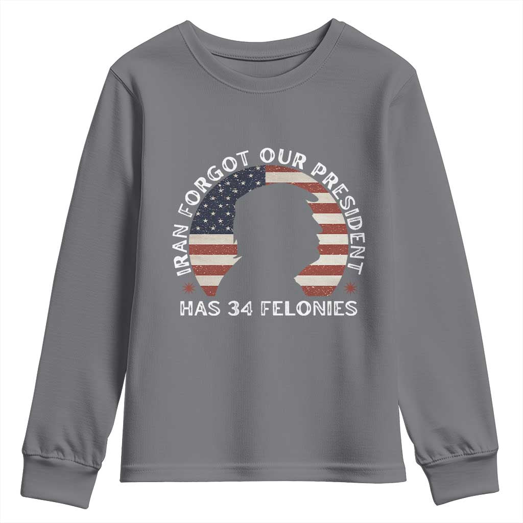 Iran Forgot Our President Has 34 Felonies Youth Sweatshirt Funny Political Satire Patriotic TS02 Charcoal Print Your Wear
