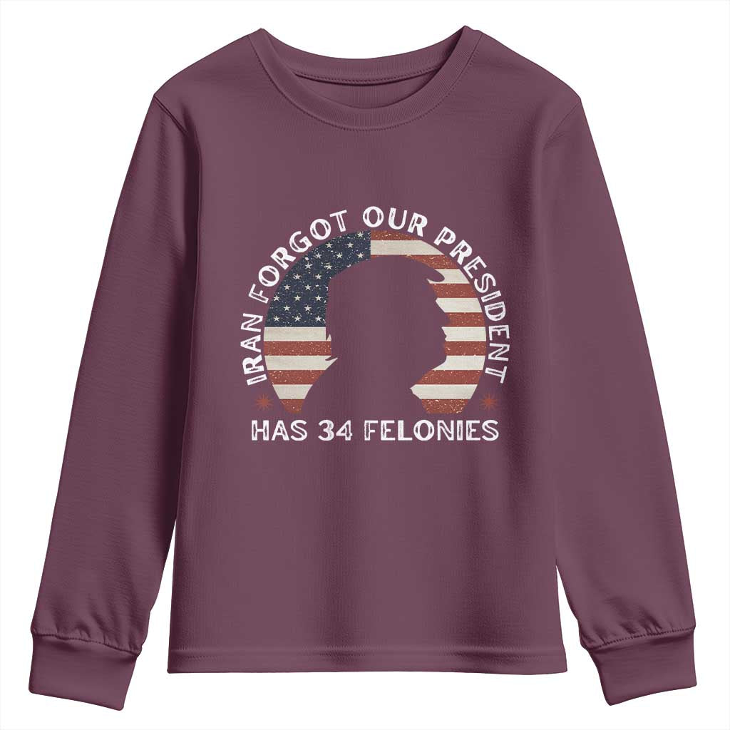 Iran Forgot Our President Has 34 Felonies Youth Sweatshirt Funny Political Satire Patriotic TS02 Maroon Print Your Wear