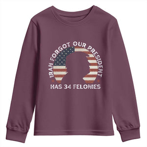 Iran Forgot Our President Has 34 Felonies Youth Sweatshirt Funny Political Satire Patriotic TS02 Maroon Print Your Wear