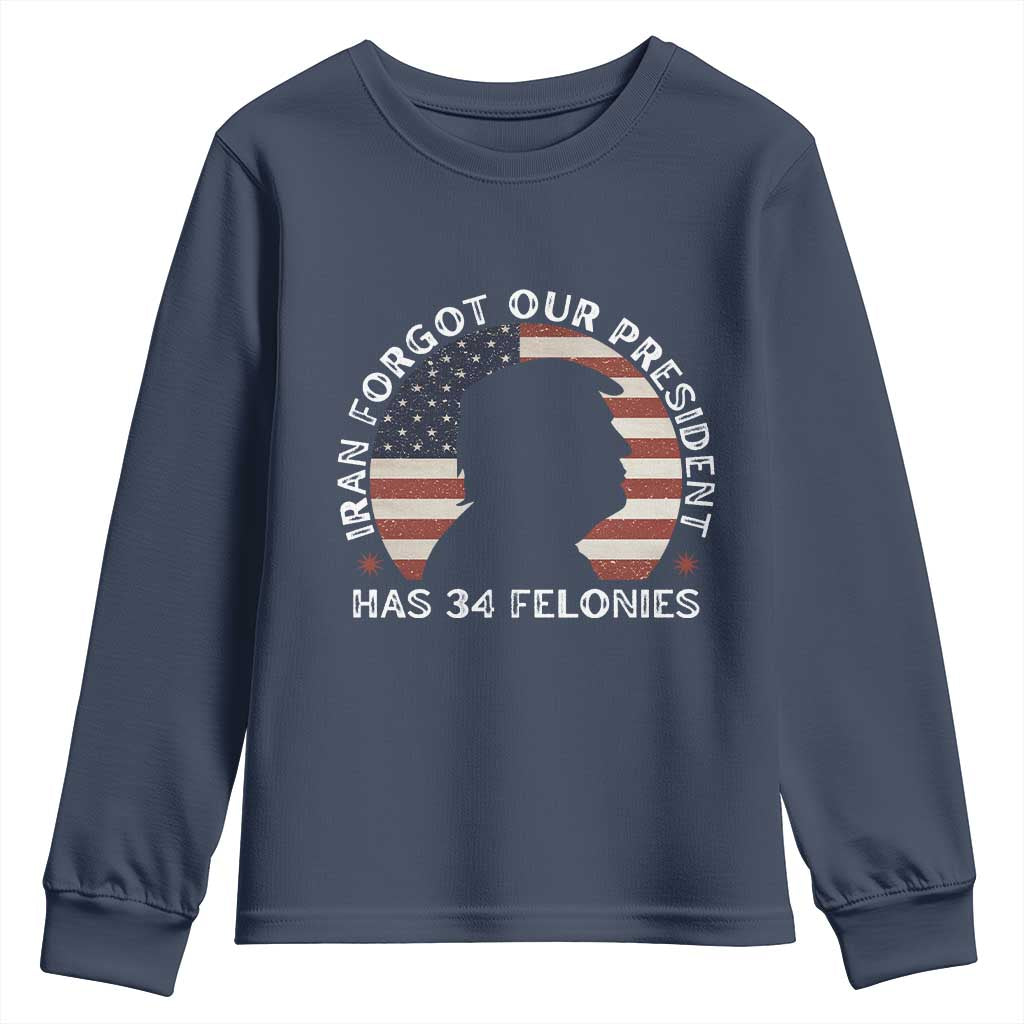 Iran Forgot Our President Has 34 Felonies Youth Sweatshirt Funny Political Satire Patriotic TS02 Navy Print Your Wear