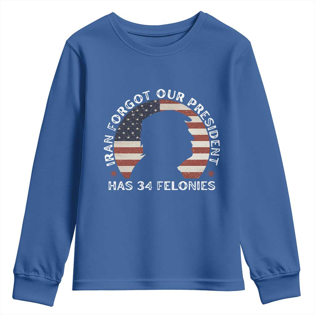Iran Forgot Our President Has 34 Felonies Youth Sweatshirt Funny Political Satire Patriotic TS02 Royal Blue Print Your Wear