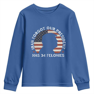 Iran Forgot Our President Has 34 Felonies Youth Sweatshirt Funny Political Satire Patriotic TS02 Royal Blue Print Your Wear