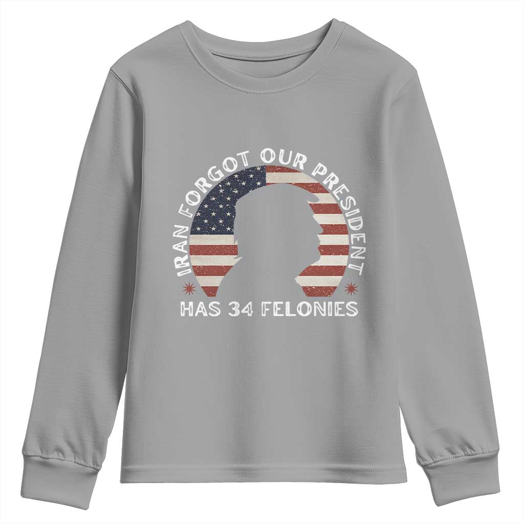 Iran Forgot Our President Has 34 Felonies Youth Sweatshirt Funny Political Satire Patriotic TS02 Sport Gray Print Your Wear