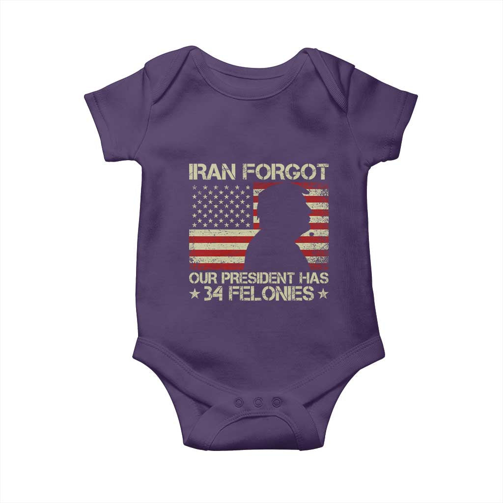 Iran Forgot Our President Has 34 Felonies Baby Onesie Funny Political Satire Patriotic Flag TS02 Purple Print Your Wear