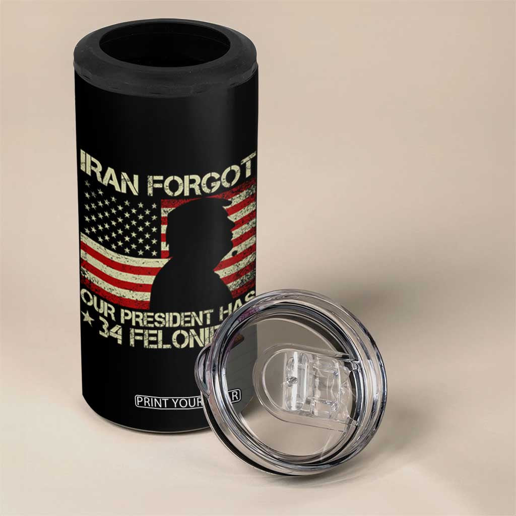 Iran Forgot Our President Has 34 Felonies 4 in 1 Can Cooler Tumbler Funny Political Satire Patriotic Flag TS02 Print Your Wear