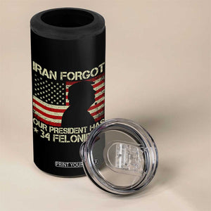 Iran Forgot Our President Has 34 Felonies 4 in 1 Can Cooler Tumbler Funny Political Satire Patriotic Flag TS02 Print Your Wear