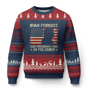 Iran Forgot Our President Has 34 Felonies Ugly Christmas Sweater Funny Political Satire Patriotic Flag TS02 Navy Red Print Your Wear