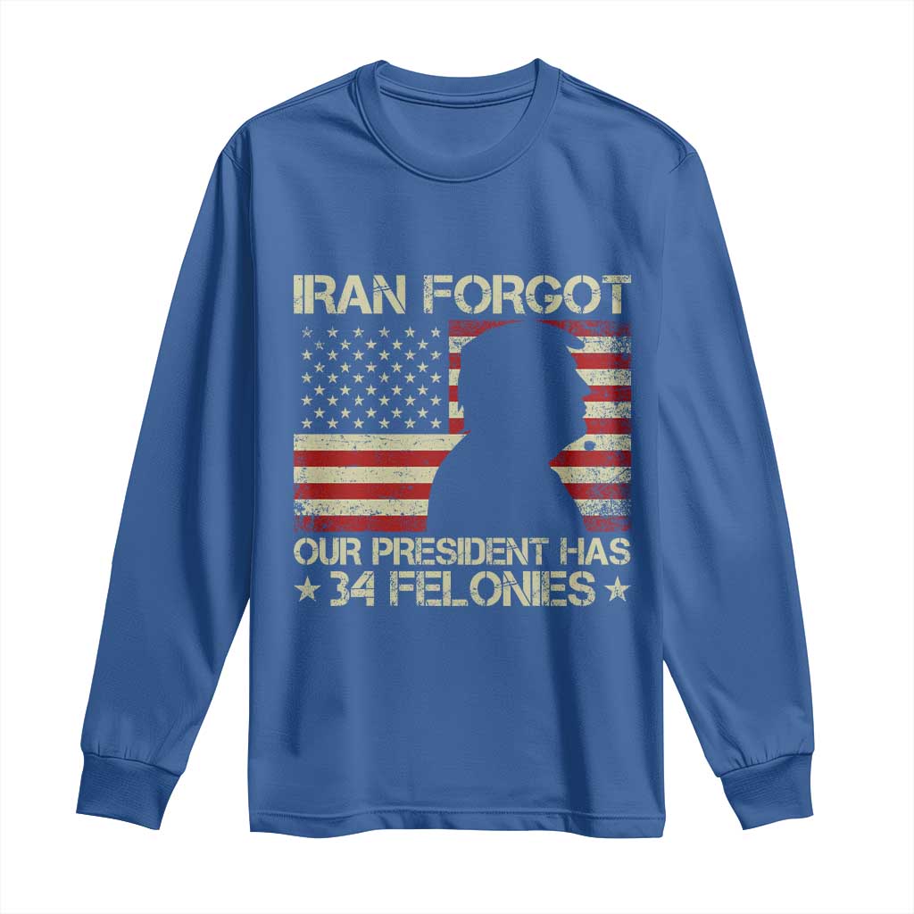 Iran Forgot Our President Has 34 Felonies Long Sleeve Shirt Funny Political Satire Patriotic Flag TS02 Royal Blue Print Your Wear