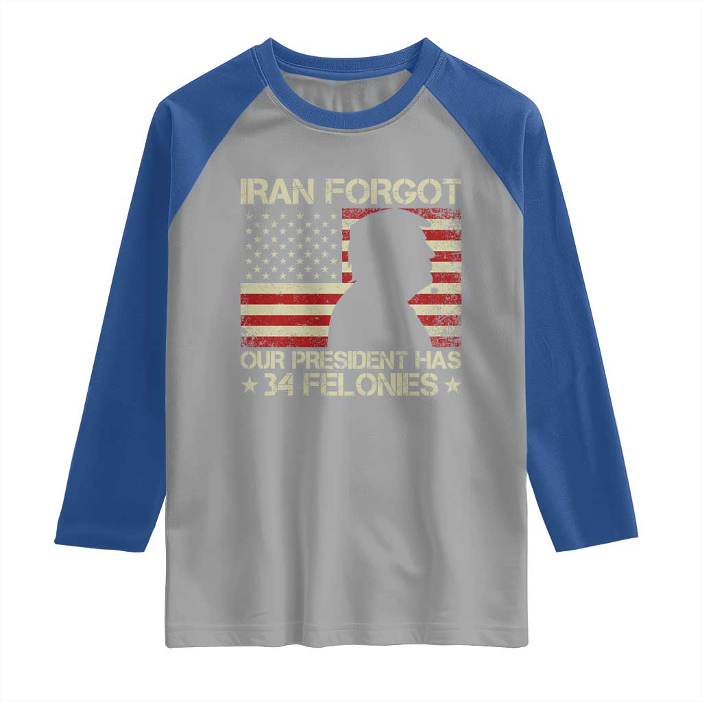 Iran Forgot Our President Has 34 Felonies Raglan Shirt Funny Political Satire Patriotic Flag TS02 Sport Gray Royal Print Your Wear