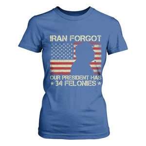 Iran Forgot Our President Has 34 Felonies T Shirt For Women Funny Political Satire Patriotic Flag TS02 Royal Blue Print Your Wear