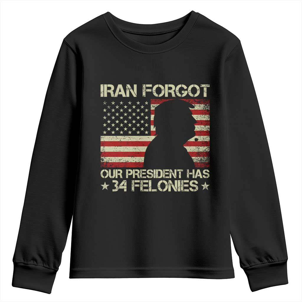Iran Forgot Our President Has 34 Felonies Youth Sweatshirt Funny Political Satire Patriotic Flag TS02 Black Print Your Wear