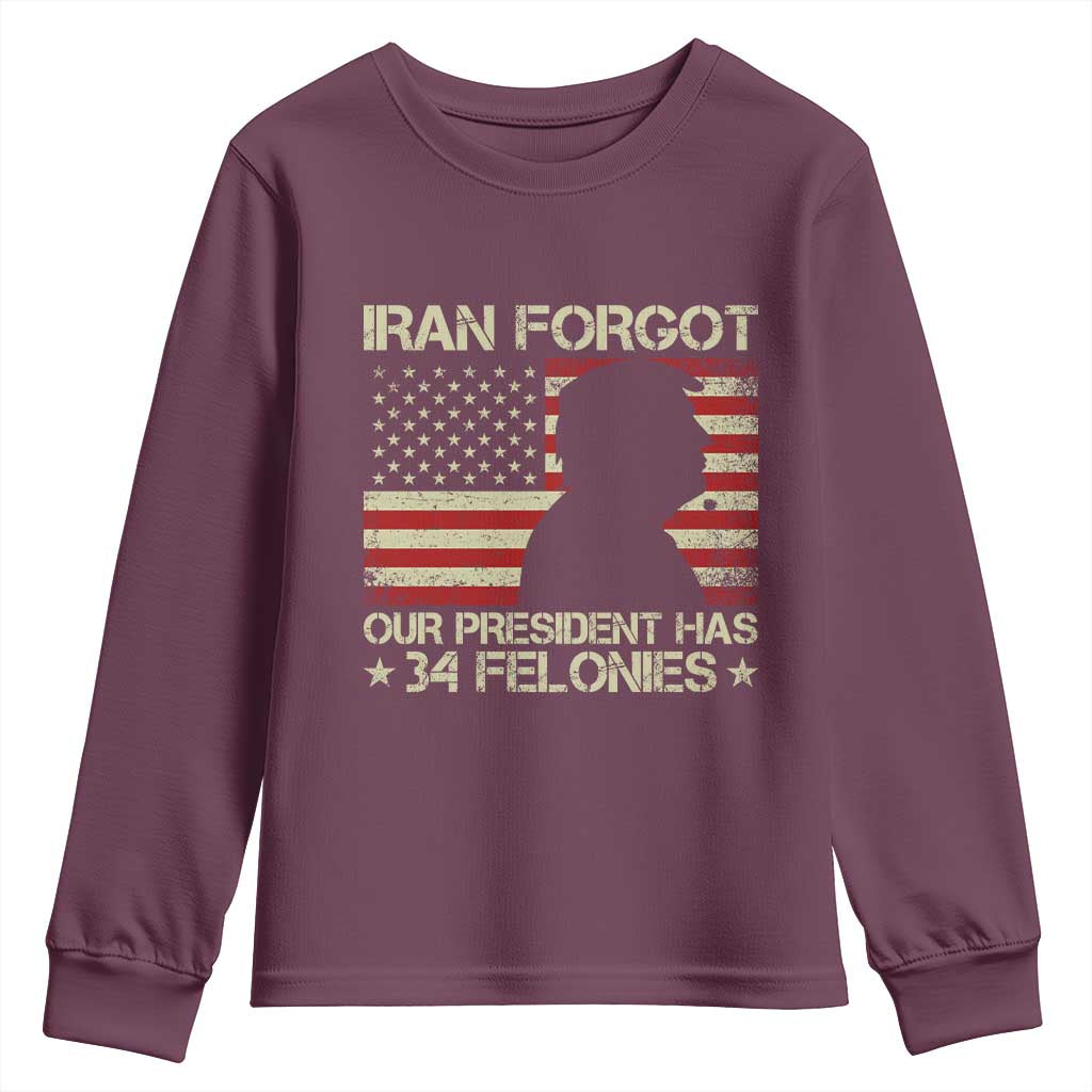 Iran Forgot Our President Has 34 Felonies Youth Sweatshirt Funny Political Satire Patriotic Flag TS02 Maroon Print Your Wear