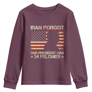 Iran Forgot Our President Has 34 Felonies Youth Sweatshirt Funny Political Satire Patriotic Flag TS02 Maroon Print Your Wear
