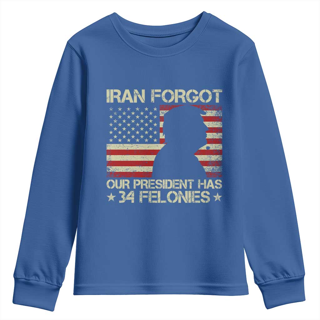 Iran Forgot Our President Has 34 Felonies Youth Sweatshirt Funny Political Satire Patriotic Flag TS02 Royal Blue Print Your Wear