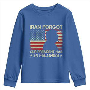 Iran Forgot Our President Has 34 Felonies Youth Sweatshirt Funny Political Satire Patriotic Flag TS02 Royal Blue Print Your Wear