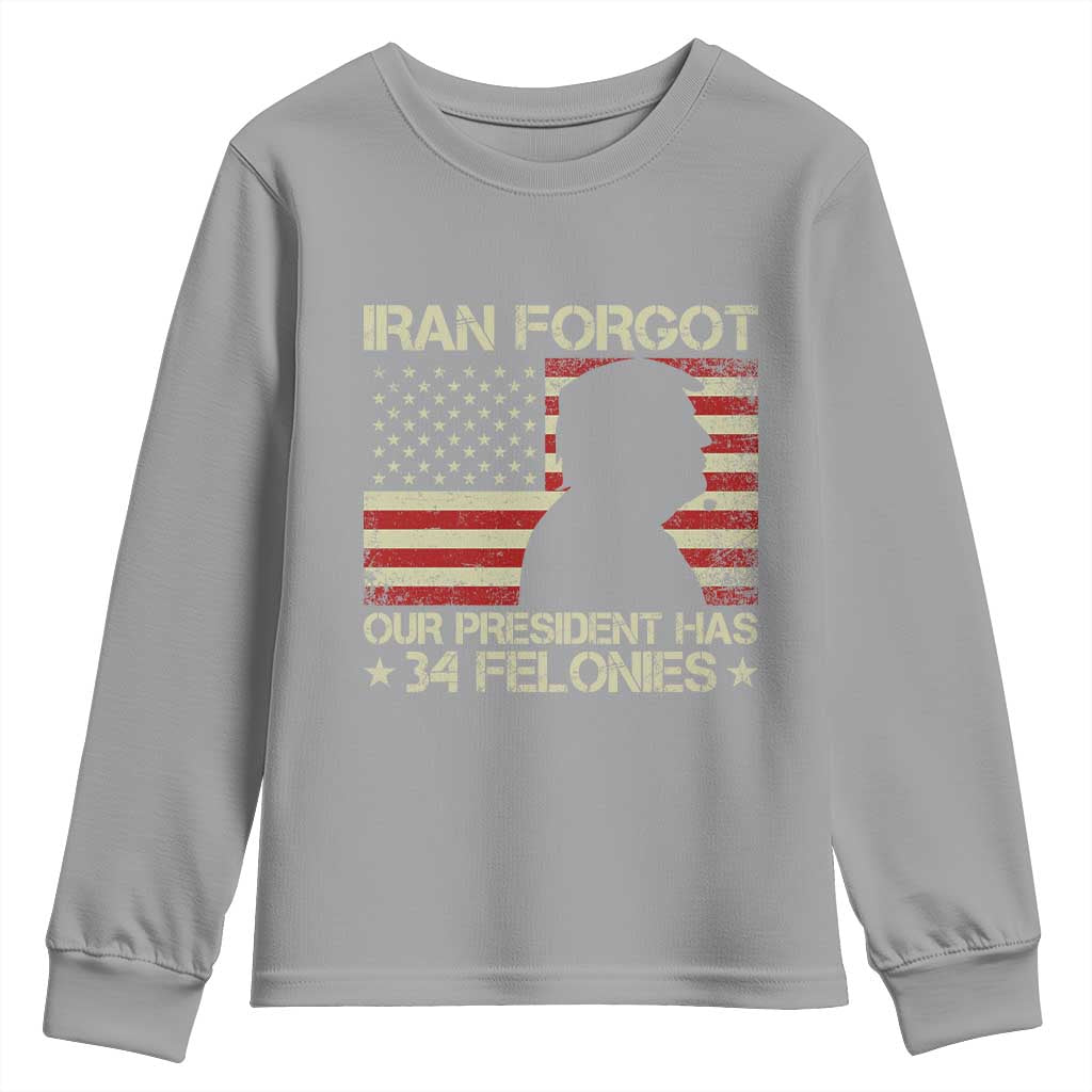 Iran Forgot Our President Has 34 Felonies Youth Sweatshirt Funny Political Satire Patriotic Flag TS02 Sport Gray Print Your Wear